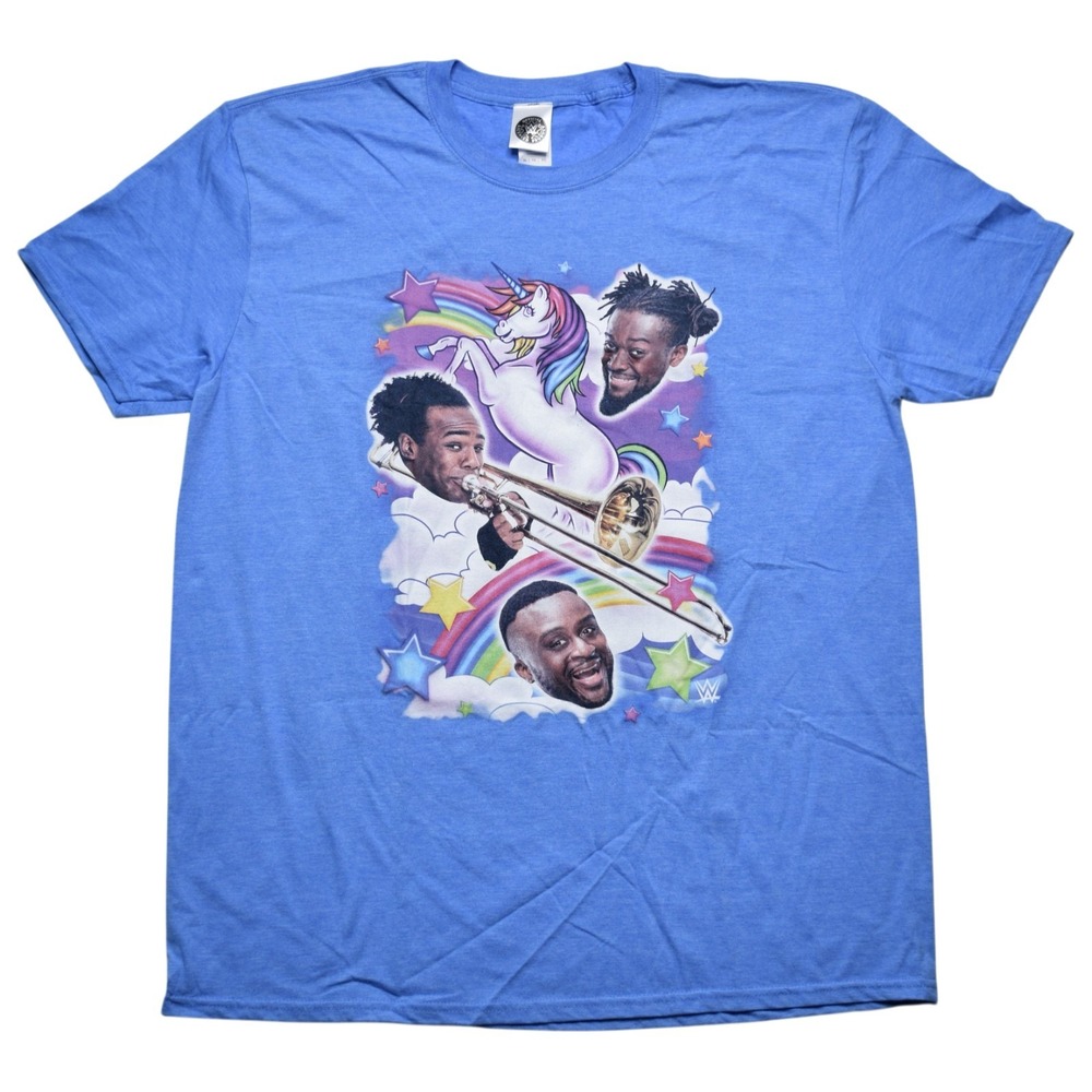 WWE Mens XL Blue T-Shirt The New Day Unicorn Rainbow Wrestling Graphic Tee